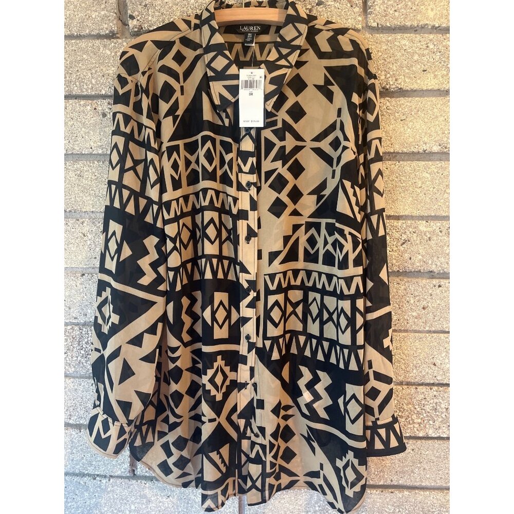 Lauren Ralph Lauren Womens Geometric Print Button-Up Blouse 3X Black & Beige